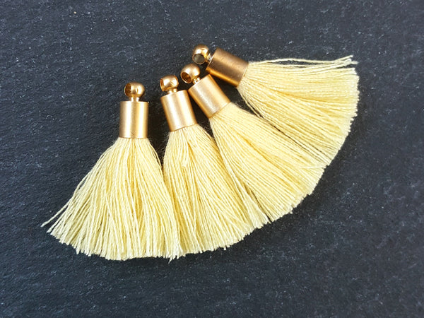 Mini Buttermilk Yellow Soft Thread Tassels Earring Bracelet Tassel Fringe Turkish Findings 22k Matte Gold Plated Cap - 26mm - 4pc - NEW CAP