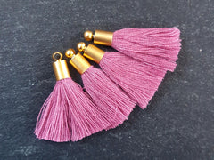 Mini Crushed Rose Pink Soft Thread Tassels Earring Bracelet Tassel Fringe Turkish Findings 22k Matte Gold Plated Cap - 26mm - 4pc - NEW CAP