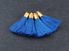Mini Sapphire Blue Soft Thread Tassels Earring Bracelet Tassel Fringe Turkish Findings 22k Matte Gold Plated Cap - 26mm - 4pc - NEW CAP