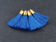 Mini Sapphire Blue Cotton Tassel Charms Gold Cap, Thread Tassel Pendant for Jewelry Making, 22k Matte Gold Plated, 26mm, 4pc