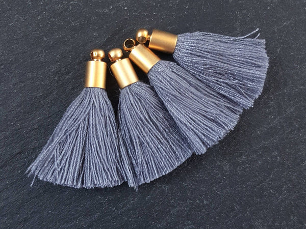 Mini Pewter Gray Soft Thread Tassels Earring Bracelet Tassel Fringe Turkish Findings 22k Matte Gold Plated Cap - 26mm - 4pc - NEW CAP