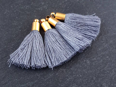 Mini Pewter Gray Soft Thread Tassels Earring Bracelet Tassel Fringe Turkish Findings 22k Matte Gold Plated Cap - 26mm - 4pc - NEW CAP