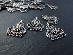 4 Filigree Telkari Chandelier Charm Pendants with Flower Detail, Silver Charms, Ethnic Boho Bohemian - 5 Loops - Matte Antique Silver Plated