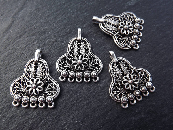 4 Filigree Telkari Chandelier Charm Pendants with Flower Detail, Silver Charms, Ethnic Boho Bohemian - 5 Loops - Matte Antique Silver Plated