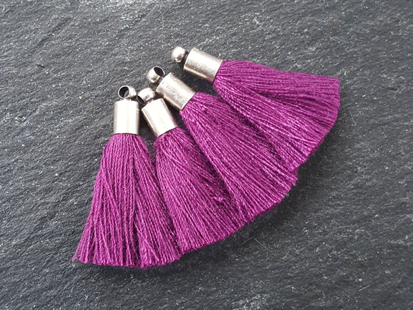 Mini Violet Purple Tassels Earring Bracelet Tassel Fringe Turkish Findings Soft Thread - Matte Antique Silver Plated Cap - 26mm 4pc NEW CAP