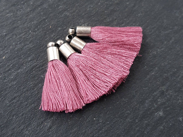 Mini Crushed Rose Pink Tassels Earring Bracelet Tassel Fringe Turkish Findings Soft Thread Matte Antique Silver Plated Cap 26mm 4pc NEW CAP