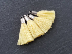 Mini Buttermilk Yellow Tassels Earring Bracelet Tassel Fringe Turkish Findings Soft Thread Matte Antique Silver Plated Cap 26mm 4pc NEW CAP
