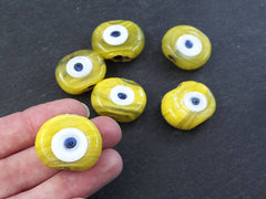 6 Marble Lemon Yellow Evil Eye Nazar Glass Bead - Traditional Turkish Handmade Protective Lucky Amulet  26 mm - VALUE PACK