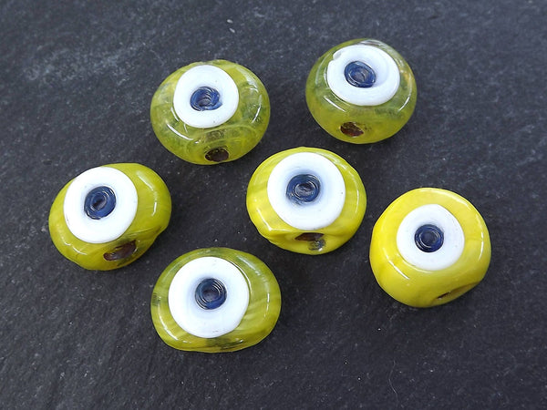 Yellow Evil Eye, Evil Eye Beads, Evil Eye Bead, Marble Yellow Evil Eye, Yellow Glass Bead, Artisan, Greek Eye, Handmade, Nazar, 16mm, 6pc