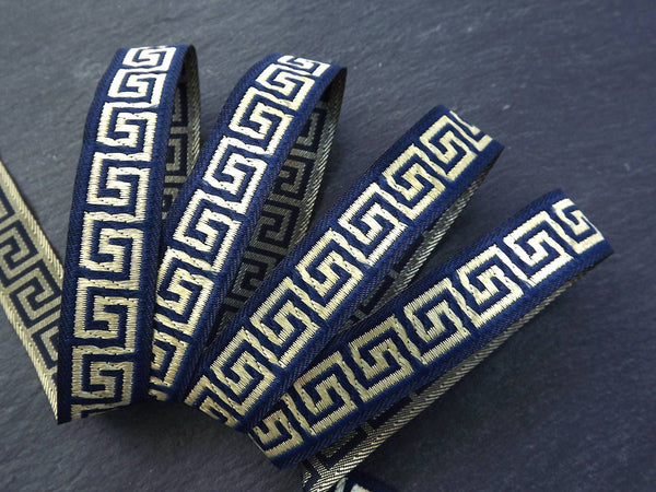 16mm Navy Blue Greek Key Woven Embroidered Jacquard Trim Ribbon Sewing Supplies - 1 Meter  or 3.3 Feet or 1.09 Yards
