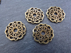 Round Lace Charms Connector Links, Earring Pendants, Bronze charms, Antique Bronze Plated, 4pc