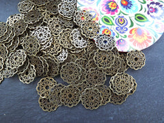 Round Lace Charms Connector Links, Earring Pendants, Bronze charms, Antique Bronze Plated, 4pc