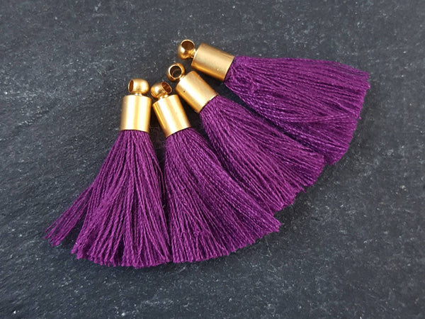 Mini Violet Purple Soft Thread Tassels Earring Bracelet Tassel Fringe Turkish Findings 22k Matte Gold Plated Cap - 26mm - 4pc - NEW CAP