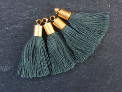 Mini Pine Green Soft Thread Tassels Earring Bracelet Tassel Fringe Turkish Findings 22k Matte Gold Plated Cap - 26mm - 4pc - NEW CAP