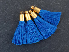 Mini Sapphire Blue Cotton Tassel Charms Gold Cap, Thread Tassel Pendant for Jewelry Making, 22k Matte Gold Plated, 26mm, 4pc