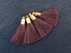 Mini Hickory Brown Soft Thread Tassels Earring Bracelet Tassel Fringe Turkish Findings 22k Matte Gold Plated Cap - 26mm - 4pc - NEW CAP