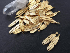 Gold Feather Charms, Curved Tribal Feather Pendants, 22k Matte Gold Plated, 2pcs