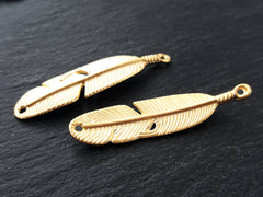 Gold Feather Charms, Curved Tribal Feather Pendants, 22k Matte Gold Plated, 2pcs