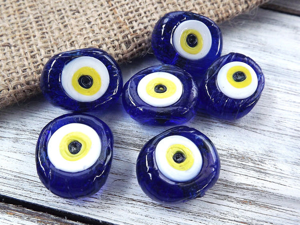 6 Navy Blue Evil Eye Nazar Glass Bead Yellow Iris Traditional Turkish Handmade Protective Lucky Amulet  26 mm VALUE PACK Turkish Glass Beads