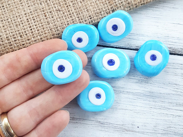 6 Sky Blue Evil Eye Nazar Glass Bead - Traditional Turkish Handmade Protective Lucky Amulet  26 mm - VALUE PACK - Turkish Glass Beads
