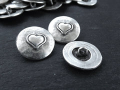 3 Rustic Metal Heart Buttons Matte Antique Silver Plated - Round Silver Buttons, Metal Shank Button, Sewing Buttons, Jewelry Making Buttons