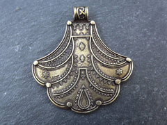 Fan Artisan Pendant, Dot Detail Nepalese Style Ethnic Tribal Pattern Rajasthan - Antique Bronze Plated - 1pc