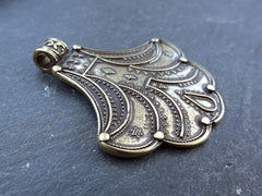 Fan Artisan Pendant, Dot Detail Nepalese Style Ethnic Tribal Pattern Rajasthan - Antique Bronze Plated - 1pc