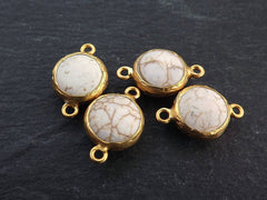 Small 14mm Creamy White Dyed Turquoise Connector - 22k Matte Gold plated Bezel - 1pc