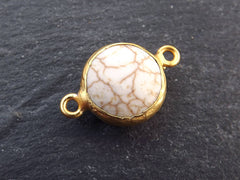 Small 14mm Creamy White Dyed Turquoise Connector - 22k Matte Gold plated Bezel - 1pc