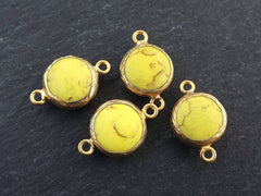 Small 14mm Yellow Dyed Turquoise Connector - 22k Matte Gold plated Bezel - 1pc