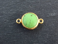 Small 14mm Green Dyed Turquoise Connector - 22k Matte Gold plated Bezel - 1pc