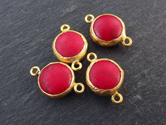 Small 14mm Red Dyed Turquoise Connector - 22k Matte Gold plated Bezel - 1pc