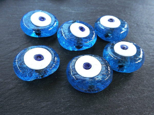 6 Aegean Blue Evil Eye Nazar Glass Bead Traditional Turkish Handmade Protective Lucky Amulet  26 mm VALUE PACK - Turkish Glass Beads
