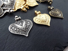 Gold Heart Pendant, Bali Pendant, Nepalese, Metal Heart, Steampunk, Ornate, Victorian, Gypsy, Yoga Pendant, 22k Matte Gold Plated - 1pc