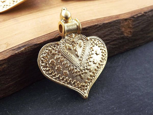 Gold Heart Pendant, Bali Pendant, Nepalese, Metal Heart, Steampunk, Ornate, Victorian, Gypsy, Yoga Pendant, 22k Matte Gold Plated - 1pc