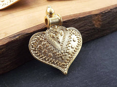 Gold Heart Pendant, Bali Pendant, Nepalese, Metal Heart, Steampunk, Ornate, Victorian, Gypsy, Yoga Pendant, 22k Matte Gold Plated - 1pc