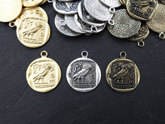 Greek Owl Athena Gold Coin Pendant - Symbol of Wisdom, Mascot of Athena, Totem Bird, Attica Replica Coin - 22k Matte Gold Plated  1pc