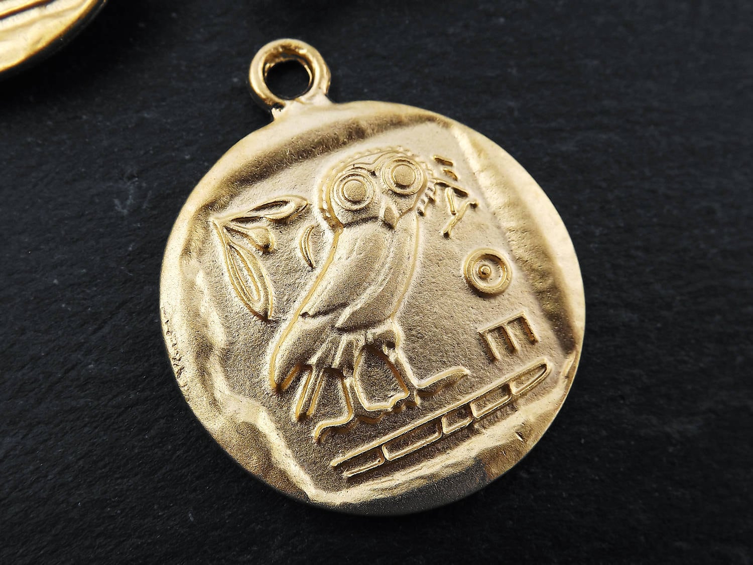 Greek Owl Athena Gold Coin Pendant - Symbol of Wisdom, Mascot of Athena, Totem Bird, Attica Replica Coin - 22k Matte Gold Plated  1pc