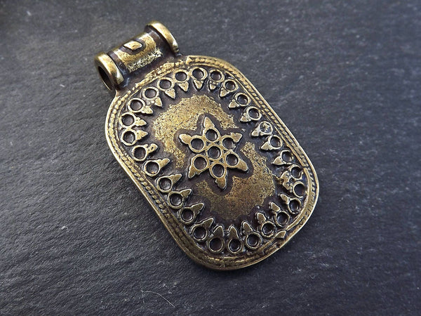 Nepalese Style Rectangle Medallion Artisan Pendant Ethnic Tribal Pattern Rajasthan Boho Bohemian Jewelry Making - Antique Bronze Plated 1pc