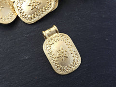 Nepalese Style Rectangle Medallion Artisan Pendant Ethnic Tribal Pattern Rajasthan Boho Bohemian Jewelry Making 22k Matte Gold Plated - 1pc