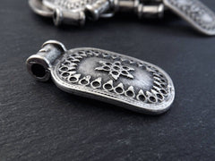 Nepalese Style Rectangle Medallion Artisan Heart Pendant Ethnic Tribal Pattern Rajasthan - Matte Antique Silver Plated - 1pc