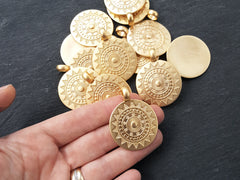 Large Ethnic Sun Mandala Pendant Round Disc with Side Facing Bail Zen Yoga Pendant Boho Jewelry - 22k Matte Gold Plated - 1pc