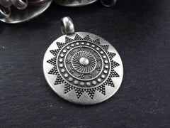 Large Ethnic Sun Mandala Round Disc Pendants with Side Facing - Matte Antique Silver Plated - 1pc