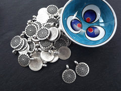 Ethnic Sun Mandala Round Disc Pendants with Side Facing Loop, Medium Size, Matte Antique Silver Plated, 2pc