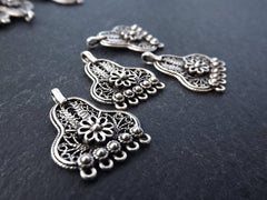 4 Filigree Telkari Chandelier Charm Pendants with Flower Detail, Silver Charms, Ethnic Boho Bohemian - 5 Loops - Matte Antique Silver Plated