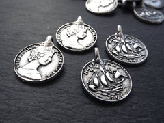 4 Australian Half Penny Replica Coin Charms 1961 - Side Facing Loop - Antique Matte Silver Plated Brass