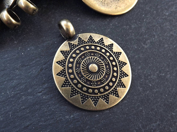 Large Ethnic Sun Mandala Pendant Round Disc with Side Facing Bail - Boho Bohemian Zen Yoga Jewelry Supplies Antique Bronze Plated - 1pc