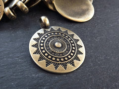 Large Ethnic Sun Mandala Pendant Round Disc with Side Facing Bail - Boho Bohemian Zen Yoga Jewelry Supplies Antique Bronze Plated - 1pc