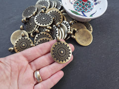 Large Ethnic Sun Mandala Pendant Round Disc with Side Facing Bail - Boho Bohemian Zen Yoga Jewelry Supplies Antique Bronze Plated - 1pc