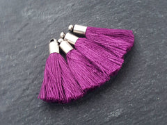 Mini Violet Purple Tassels Earring Bracelet Tassel Fringe Turkish Findings Soft Thread - Matte Antique Silver Plated Cap - 26mm 4pc NEW CAP